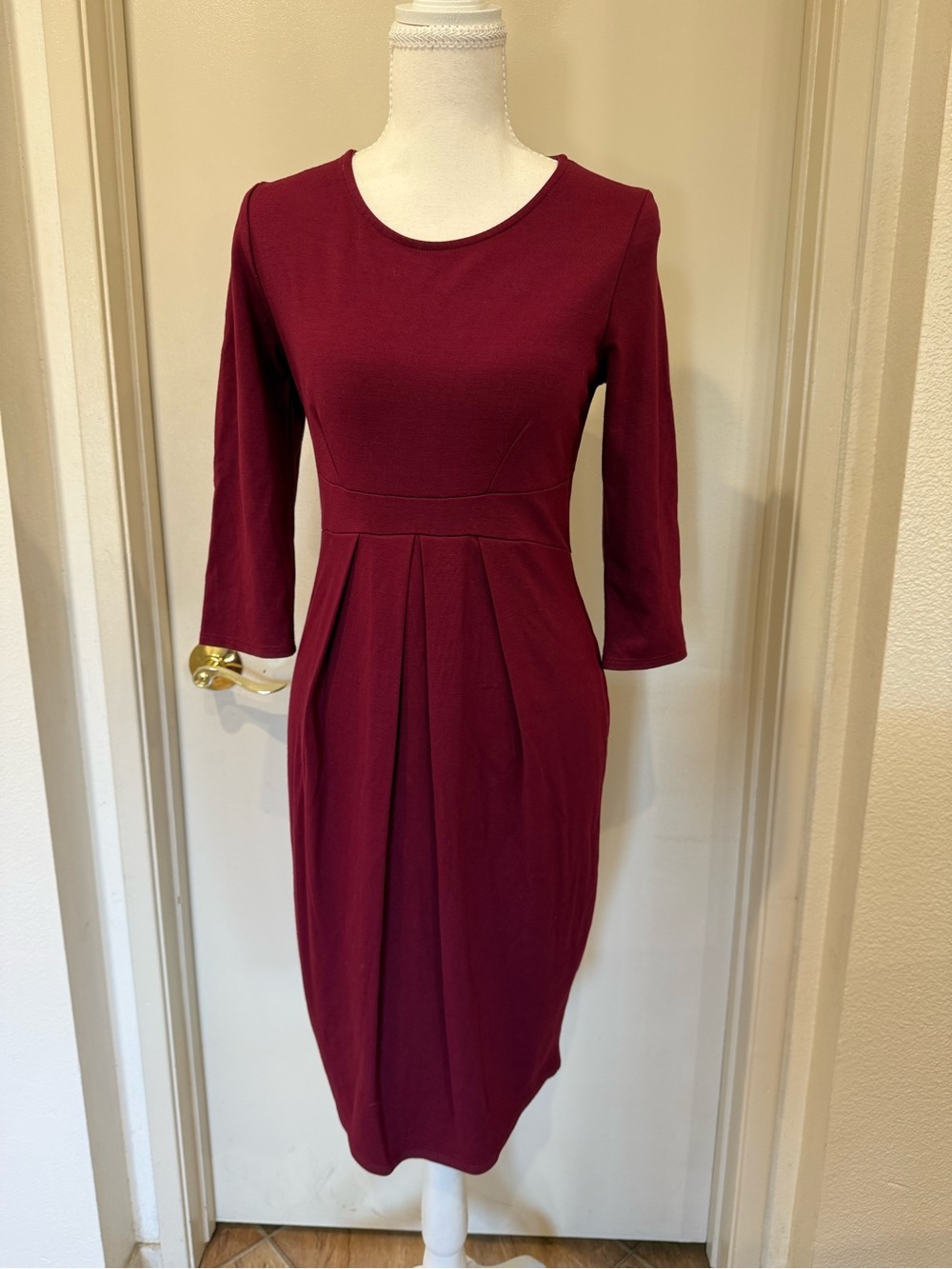 LaClef Deep Burgundy 3/4 Sleeve Pleated Sheath Dress